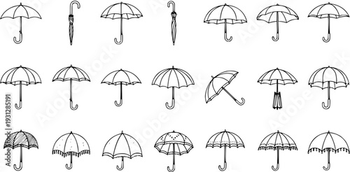 Collection of Hand-Drawn Umbrella Sketches in Black and White