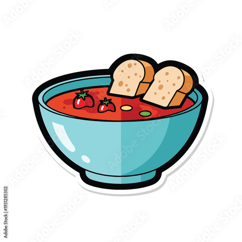 A bowl of vibrant red soup with bread and garnish, viewed from directly above, showcasing a delicious meal in a simple illustration style
