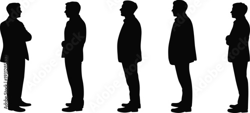 Set of black silhouettes of men standing in profile, group of professional male figures in poses