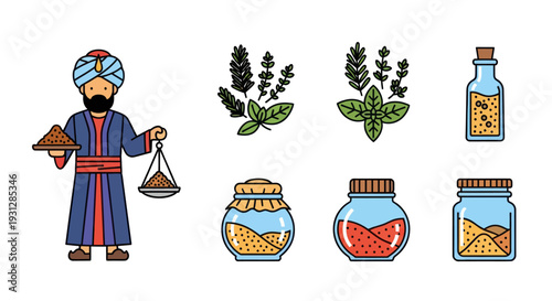 Traditional Spice Merchant with Herbs Jars and Weighing Scale Illustration.