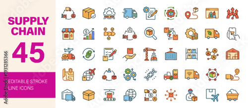 Collection of icons representing supply chain management elements in a grid layout on a white background from a top-down viewpoint