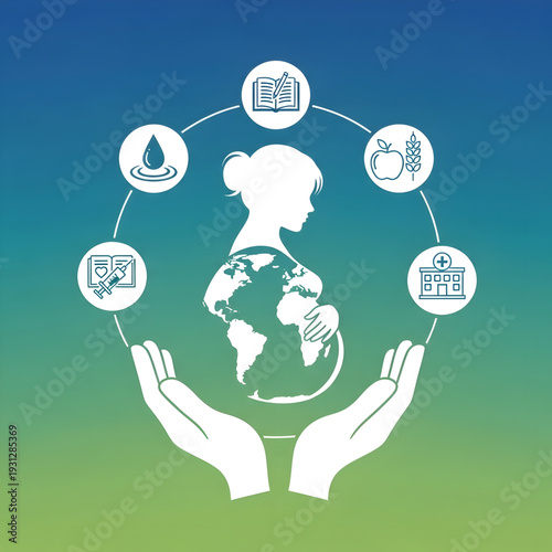 Global Maternal and Child Health Protection Concept with World Map and Medical Icons