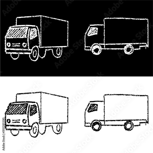Set editable chalk drawing box truck vector for delivery lessons. Ideal for symbolizing vintage logistics, school transportation studies, and chalkboard cargo.