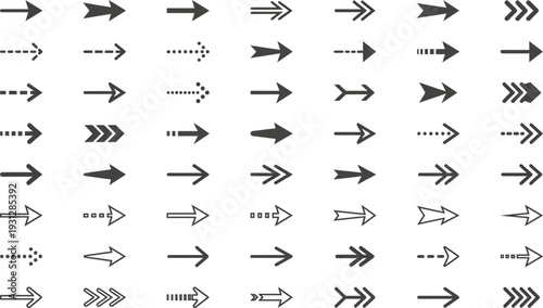 A comprehensive collection of diverse black arrow icons in various styles and directions. Vector