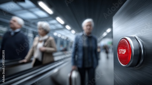 Two elderly travelers momentarily halt their journey at a striking stop button in a bustling transit hub