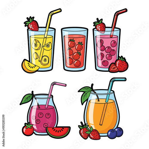 Colorful smoothies and juices with fruits and straws in glass cups, top view illustration of various drinks.