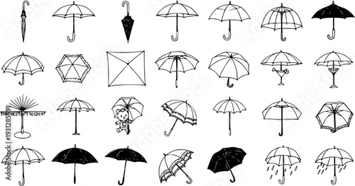 Umbrella Variety: Hand-Drawn Doodle Set for Weather, Protection, and Design Elements