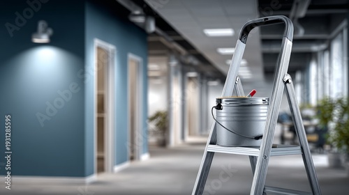 A ladder stands in an office corridor with a paint bucket beside it, indicating renovation work in progress