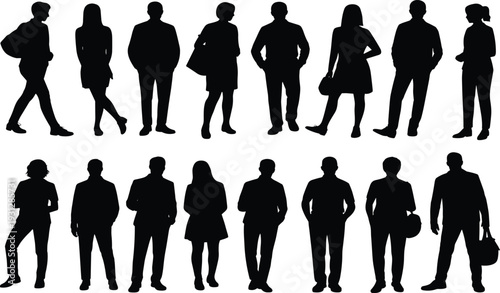 Set of black silhouettes of people standing and walking, group of diverse men and women poses