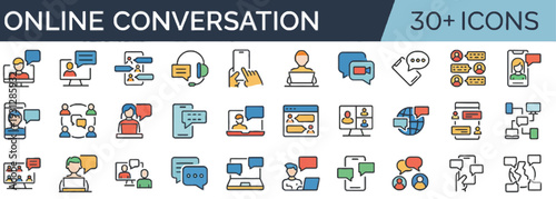 Collection of 30+ icons representing online conversation and digital communication on a clean white background from a straightforward viewpoint