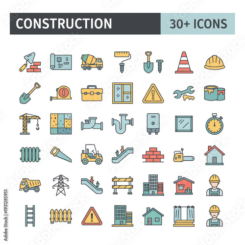 Collection of construction icons representing building and infrastructure development tools and equipment
