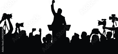 Black silhouette of a speaker at podium, press conference with journalists and photographers taking photos vector