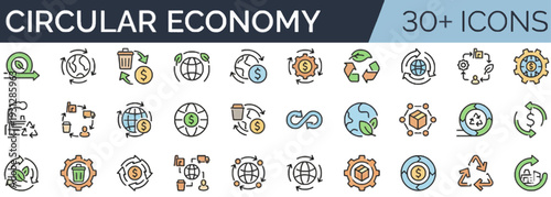 Collection of icons representing circular economy concepts in a grid layout