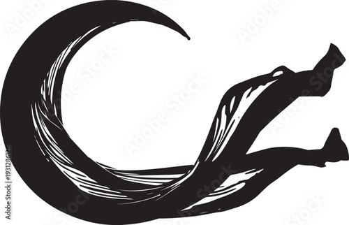 A black and white drawing of a cat on a crescent moon