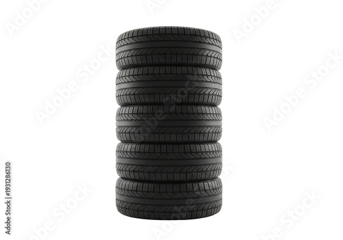 A neatly arranged stack of eight pristine vehicle tires on a transparent background