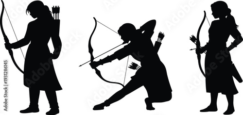 Set of black silhouettes of female archers with bows, woman warrior figures for historical fantasy design