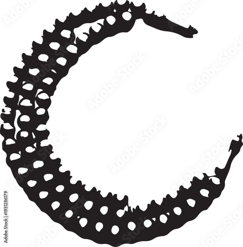 A black and white image of a crescent shaped necklace