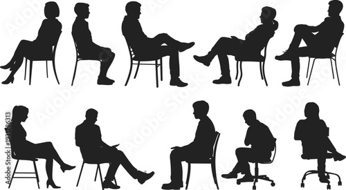 Set of black silhouettes of people sitting in chairs, diverse men and women in various poses