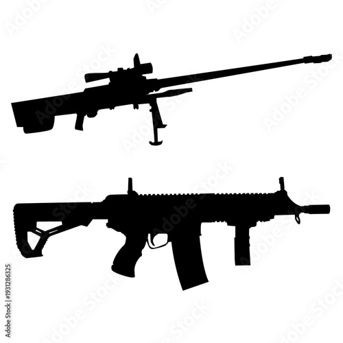 Military weapon silhouettes set featuring a precision sniper rifle with scope and modern assault rifle