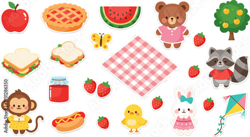Cute Animals and Picnic Items with Fruits, Sandwiches, and Toys in a Playful Summer Scene