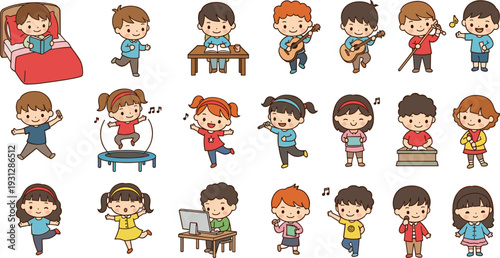 Cute Kids Engaged in Activities Including Singing, Dancing, Playing Guitar, and Studying at Home