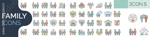 Collection of colorful family icons displayed on a digital interface showcasing various family structures and relationships