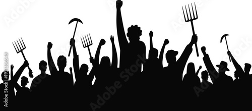 Large group of black silhouettes of angry people protesting with pitchforks, social uprising or rebellion concept