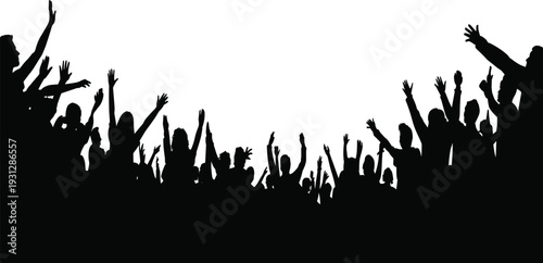 Large group of black silhouettes of people cheering and raising hands, concert crowd or fan audience