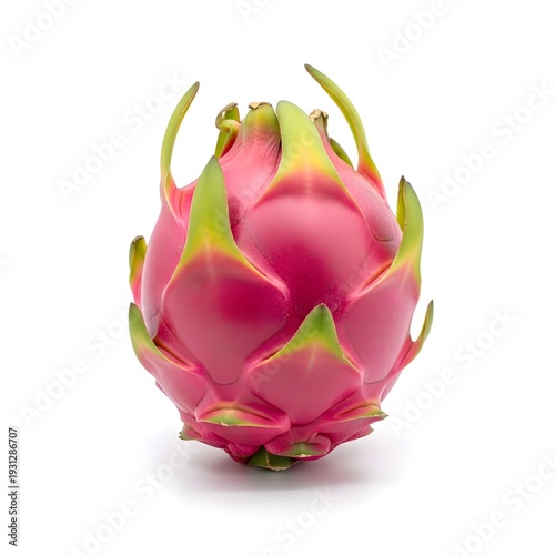 Pink dragon fruit with green leaves on it stem on white background.