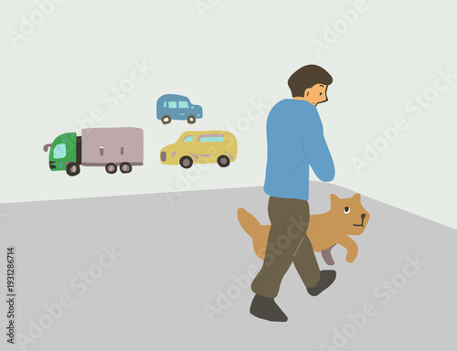 犬の散歩をする人と道路、交通のイラスト/Vector illustration of Dog Walkers and Road Traffic