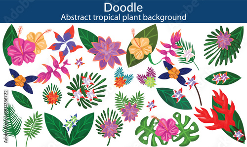 Abstract tropical plant background vector. Colorful boho foliage botanical tropical leaves and floral pattern. Illustration for summer sale banner , wall art, prints and fabrics