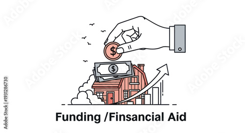 Financial aid concept with hand dropping coin on house and rising graph.