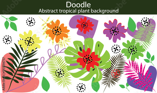Abstract tropical plant background vector. Colorful boho foliage botanical tropical leaves and floral pattern. Illustration for summer sale banner , wall art, prints and fabrics