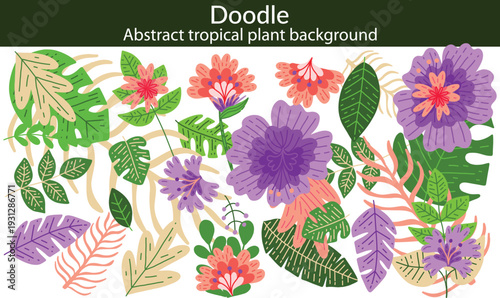 Abstract tropical plant background vector. Colorful boho foliage botanical tropical leaves and floral pattern. Illustration for summer sale banner , wall art, prints and fabrics