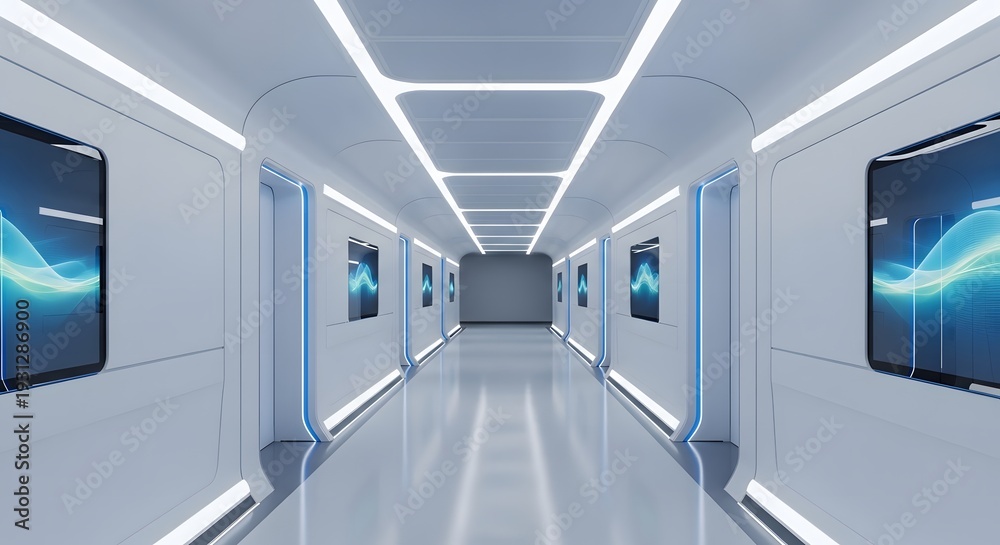 Obraz premium Futuristic Sci-Fi Corridor with Blue Glowing Lights and Digital Screens
