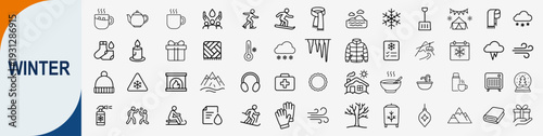 Winter season and cold weather icons set, outline symbols for Christmas holidays snow activities and winter clothing vector illustration