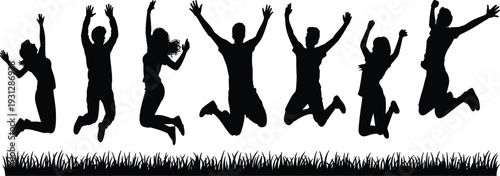 Set of black silhouettes of happy people jumping on grass, group of diverse family celebration
