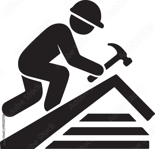 Roofer worker on the roof with a hammer in his hand silhouette vector icon