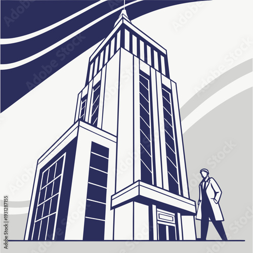 Modern skyscraper building exterior viewed from low angle with a solitary businessman standing in front iconic architecture in blue and white color scheme minimalist style