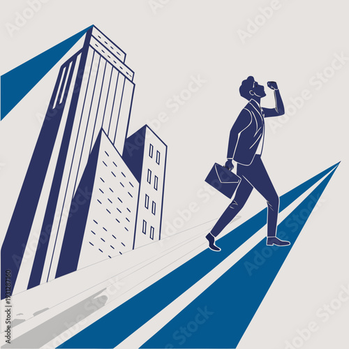 Ambitious businessman walking forward with briefcase fist raised in celebration by modern city skyscrapers dynamic perspective symbolizing achievement career progress and success