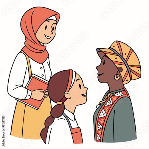 Three women of diverse ethnic backgrounds smiling and interacting, wearing traditional clothing and head coverings