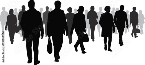 Large group of black silhouettes of people walking forward, diverse men and women in urban crowd