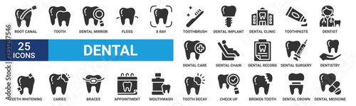 Dental icon set. Containing tooth, dentist, toothpaste, toothbrush, teeth, implant and dentistry icons. Glyph icon collection. Vector illustration.