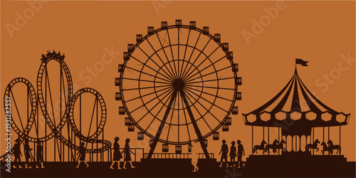 Amusement Park Silhouette with Ferris Wheel Roller Coaster and Carousel.