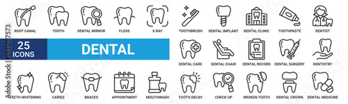 Dental icon set. Containing tooth, dentist, toothpaste, toothbrush, teeth, implant and dentistry icons. Line icon collection. Vector illustration.