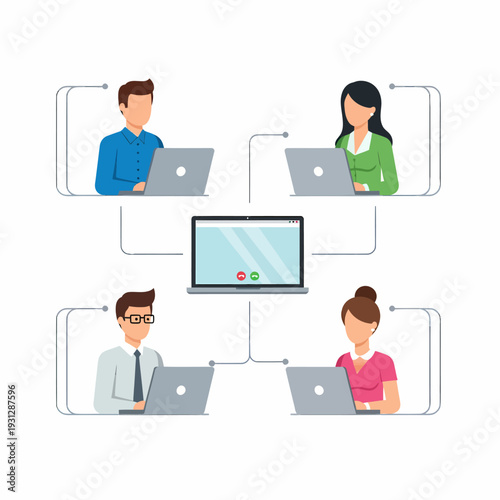 Online business meeting with participants connecting through laptops and video conferencing technology