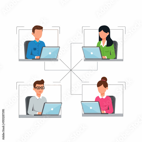 Team collaborating remotely on laptops and connecting via an online network illustration