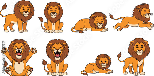 Cute lion cartoon poses set with sitting sleeping roaring running and standing wild animal vector illustration collection
