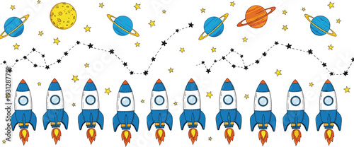 Cute space rocket seamless pattern with planets stars constellations and cartoon spacecraft vector background design