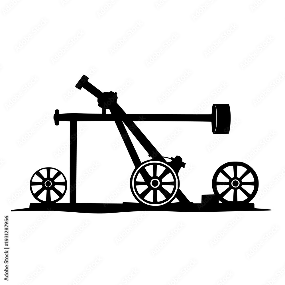 Fototapeta premium Elegant black silhouette of a medieval trebuchet siege engine on stark white background, showcasing sharp edges and historic warfare design